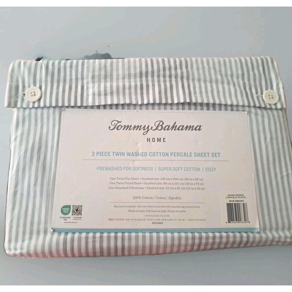 Tommy Bahama Twin Sheet Set Blue Stripe 100% Cotton Percale